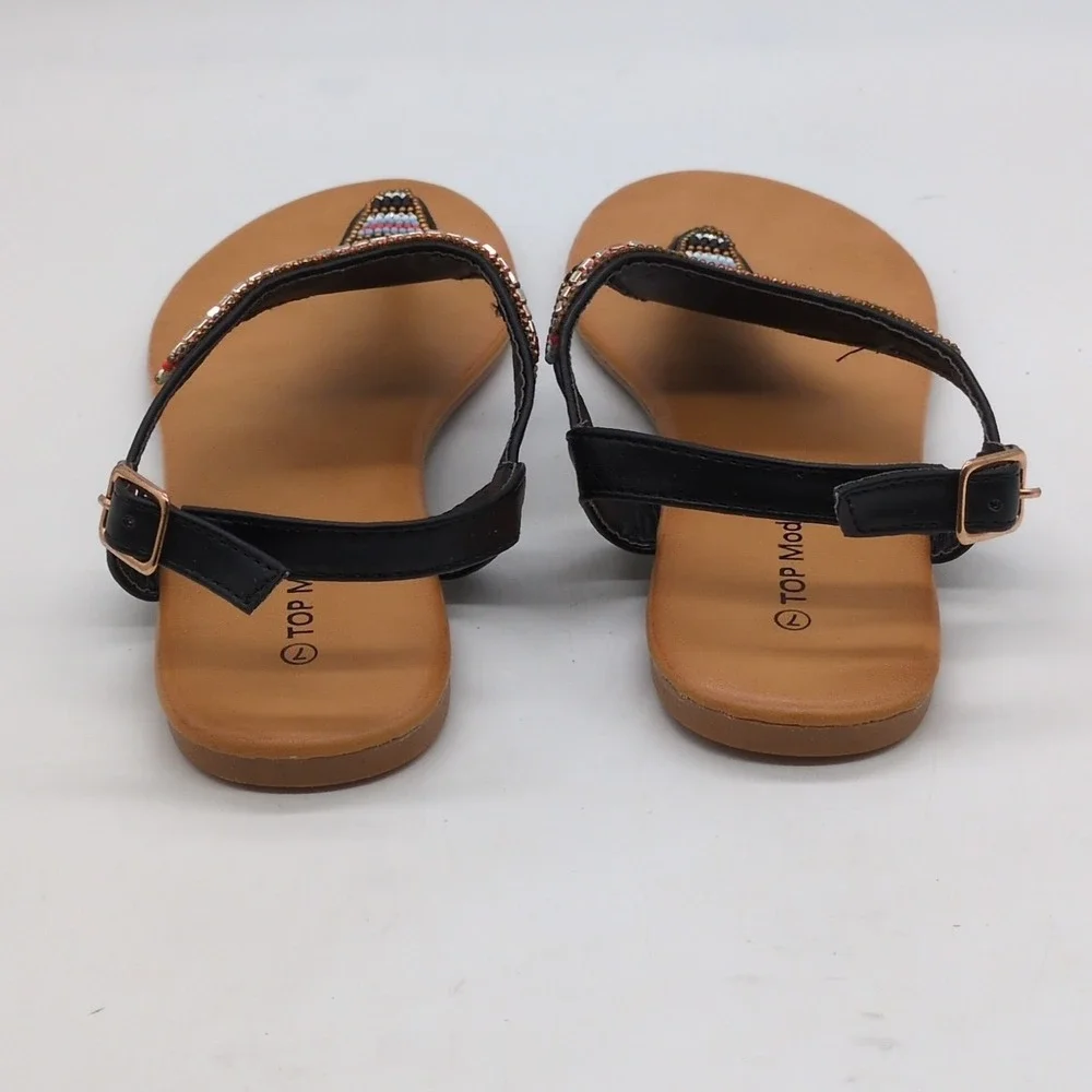 Top Moda Shoes Womens HW-7 Black 7 Beaded Thong Sandals Buckle Strap Flat NEW